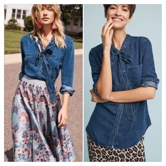 RAILS Long Sleeve Dark Vintage Wash ROSALEE Tie Collar Chambray Denim Shirt - Picture 1 of 12